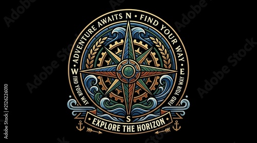 Vintage nautical compass emblem and motivational adventure text