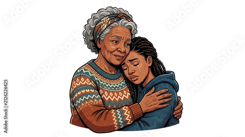 Grandmother hugging and comforting a crying young woman