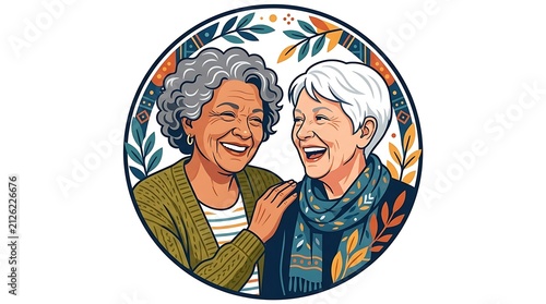 Happy senior women laughing together in a circular frame
