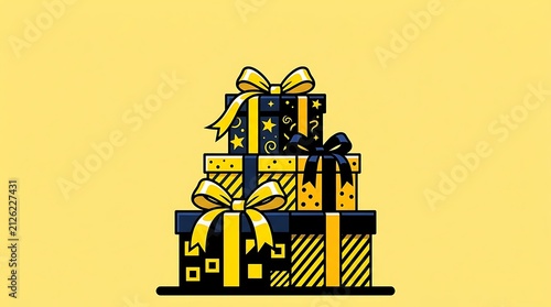 Stack of patterned gift boxes with yellow bows on yellow background