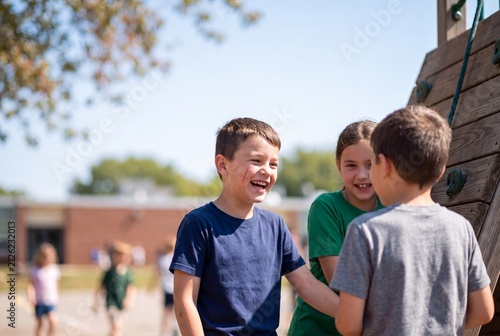 A group of happy young schoolchildren laughing and talking together near a wooden climbing wall on a sunny school playground, highlighting friendship and inclusion.