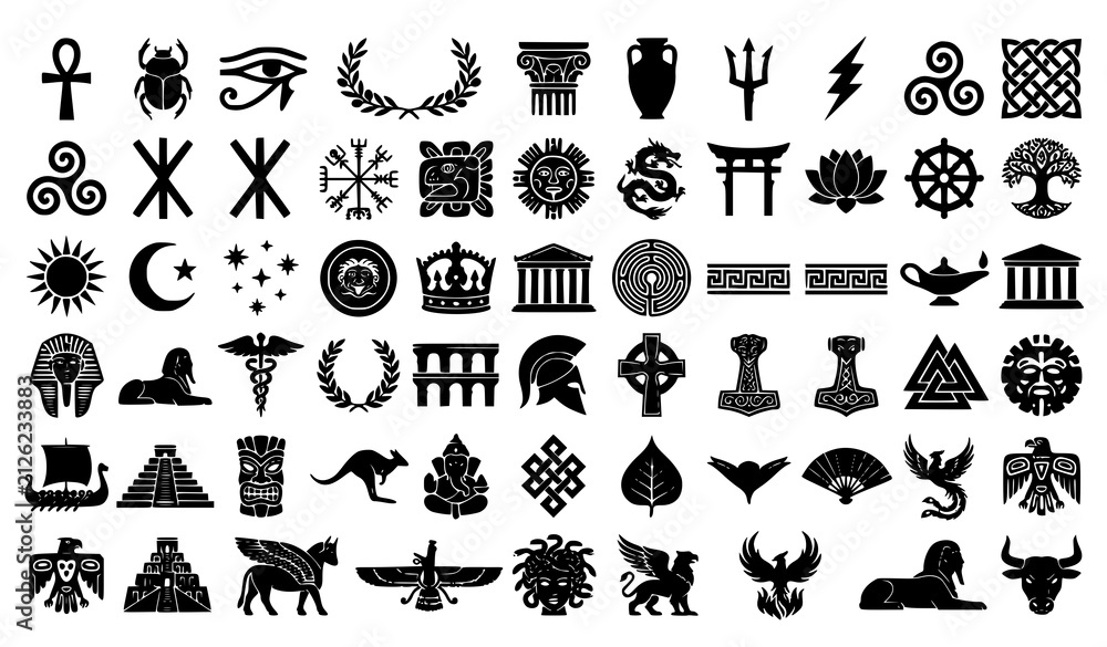 Obraz premium Historical Ancient Symbol Silhouettes Vector Collection Black Mythology Icons