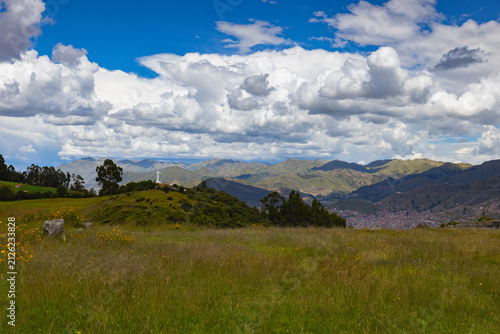 View from Puka Pukara Archaeological Complex on Statue of Christ, Cusco, Peru