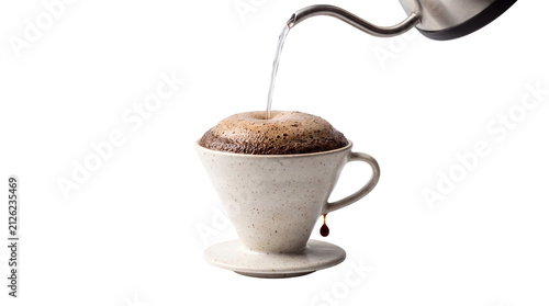 Hot water pouring from a gooseneck kettle into a speckled ceramic pour over coffee dripper with blooming grounds, isolated on transparent background