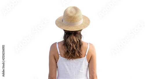 Konstfotografi Woman wearing a straw hat and white dress, seen from behind, isolated on white