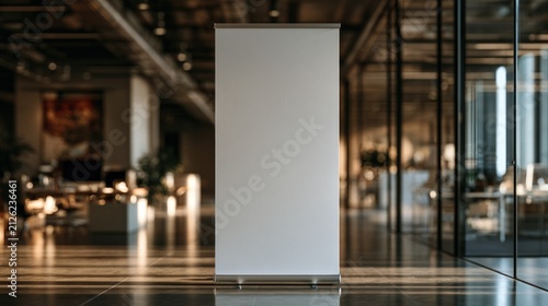 Blank pull up banner stand in modern office interior