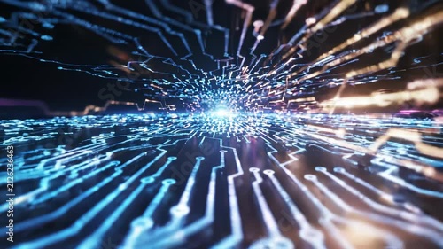 Futuristic Circuit Board with Glowing Data Flow and Expanding Digital Network