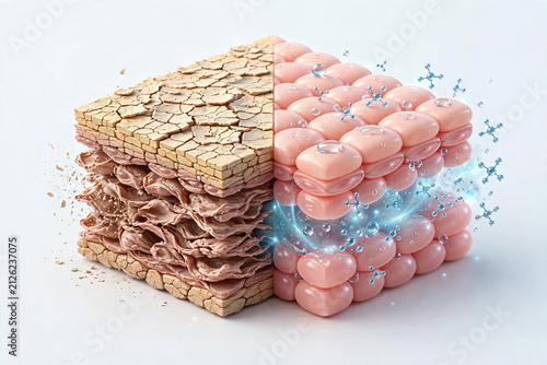 Cross Section of Dry Damaged Skin vs Hydrated Healthy Skin Layer with Water Drops and Molecules 3D Illustration
