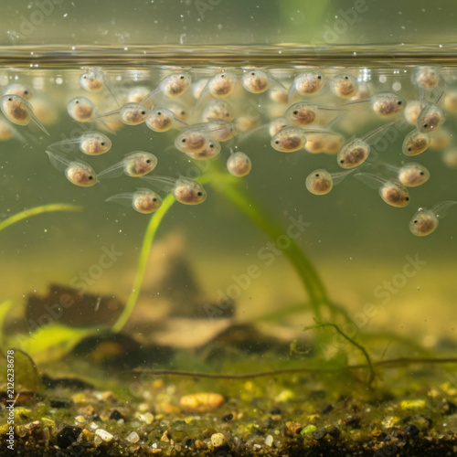 Tadpoles swimming together near water surface in freshwater aquarium pond for biology life cycle education
