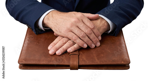 Businessman's hands resting on a leather portfolio, conveying professionalism and success