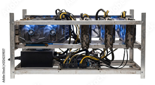 Obraz na plátne Custom built cryptocurrency mining rig with multiple graphics cards and fans