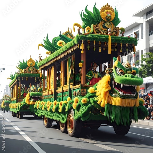 Elaborate Chinese Dragon Float Parading on City Street.