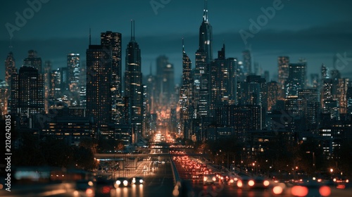 Cityscape at night with traffic and skyscrapers