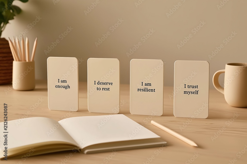 Fototapeta premium Four affirmation cards with positive text on a light wood desk