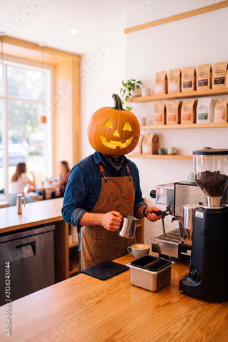 Barista with a glowing carved pumpkin head preparing coffee behind a counter using an espresso machine and milk pitcher in a bright cozy cafe.
