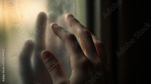 Hands Pressing Against Foggy Window in Low Light
