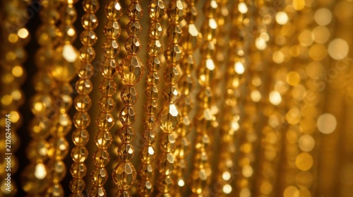 Golden Beaded Curtain Shimmering in Warm Light