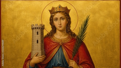 Saint Barbara holding tower and palm branch in traditional Byzantine Orthodox icon with golden background artwork
