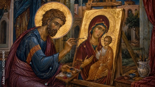 Saint Luke painting the Virgin Mary with Child icon in traditional Byzantine style sacred Christian artwork