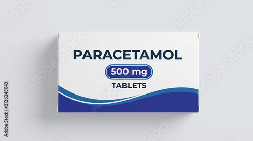 White paracetamol 500 mg tablets medicine box packaging top view mockup