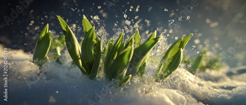Nature's renewal: spring grass defies the last snowflakes. Oddly captivating. Tender green shoots emerge from winter's embrace, first glimpse of spring. Grotesque style. Colorful surrealism.