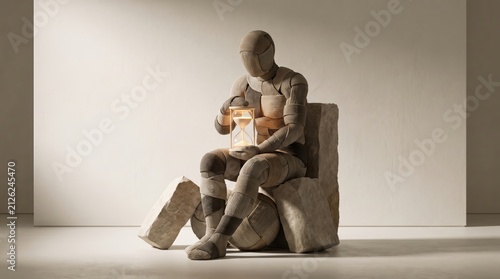 Cinematic 3d render of fabric texture humanoid figure sitting on stone blocks holding glowing hourglass.