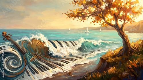 Violin blended with piano keys crashing like ocean wave near beautiful golden autumn tree on shore.