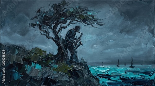 Lone saxophonist playing instrument under twisted tree on rocky cliff edge during dark stormy night.