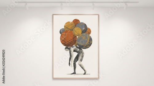 Person carrying heavy abstract spheres symbolizing burden and struggle, conceptual art.