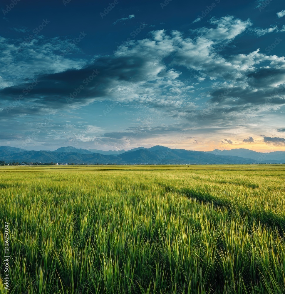 Obraz premium Vast green field with mountains under a dramatic cloudy sky during sunset