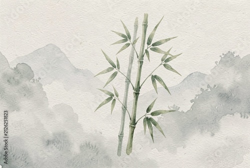 Bamboo Mist Landscape Watercolor Background.