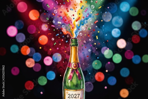 Champagne Bottle Celebration With Colorful Bokeh.