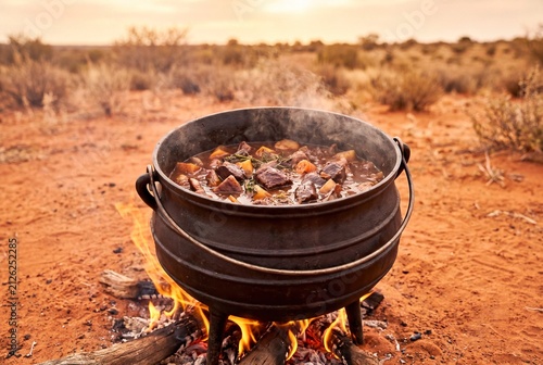Traditional Namibian Potjiekos Game Meat Stew Cooking in Cast Iron Pot Over Open Campfire