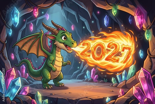 Fantasy Dragon Breathing Fire in Crystal Cave 2021.