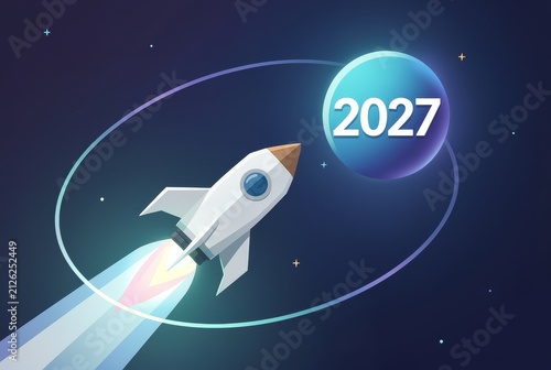Futuristic Rocket Launch Toward 2027 Vision.