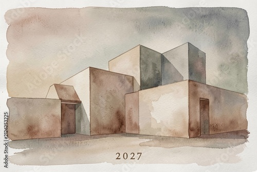Watercolor Abstract Modern Building Facade.