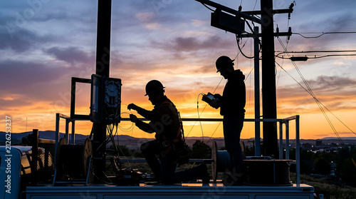 Utility line workers performing maintenance on power grid equipment at sunset