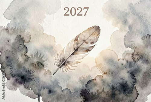 Watercolor Feather in Smoky Abstract Clouds.