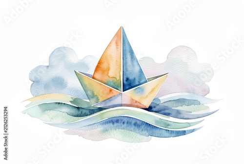Watercolor Paper Boat on Soft Waves.