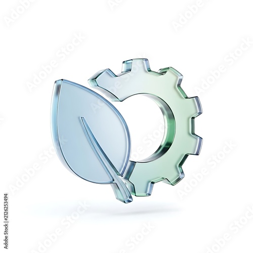 3D glass gear icon combined with a green leaf representing sustainable industrial technology and eco-friendly engineering concepts