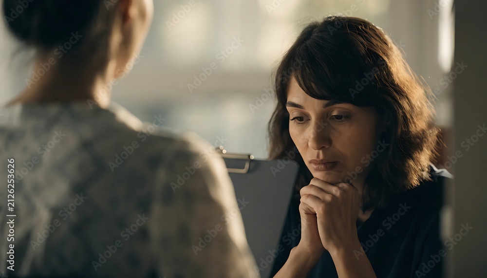 Fototapeta premium Woman listening to a professional consultation. Patient talking to doctor in a clinic.