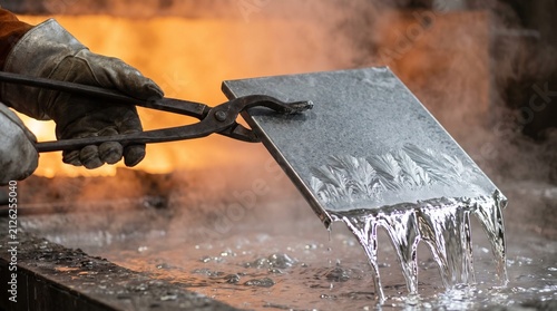 Worker performing hot-dip galvanizing, withdrawing a steel plate from molten zinc. The cooling metal forms distinct spangle patterns, illustrating an industrial coating process.