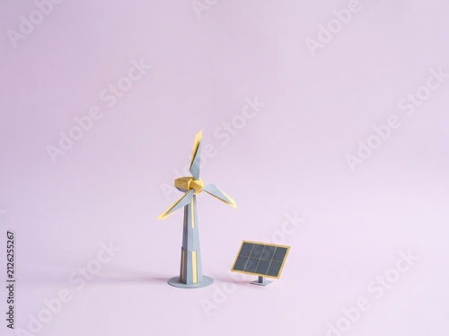 Colorful Model of Wind Turbine and Solar Panel on Soft Pink Background for Renewable Energy Concept