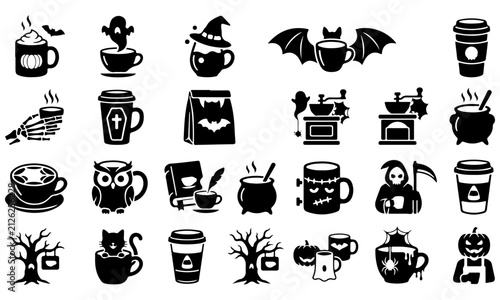 Halloween coffee silhouette icon set, spooky pumpkin ghost witch hat bat and skeleton hand coffee cup collection, and spooky cafe vector graphics. Flat and modern vector design.