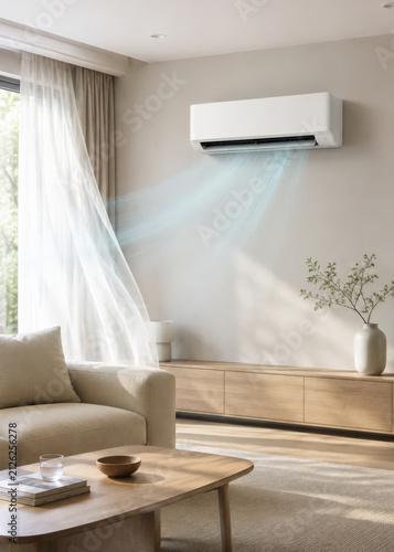 Modern living room cooled by efficient wall mounted air conditioner