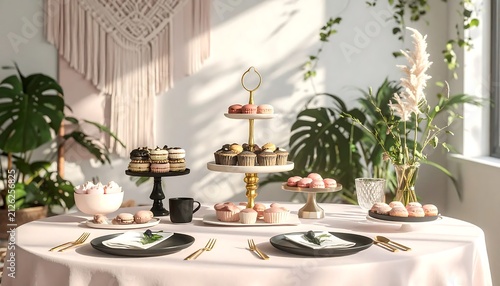 Elegant Afternoon Tea Party Setup with Desserts and Floral Decor.