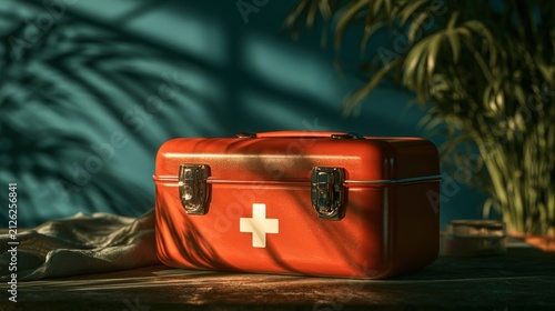 Red first aid kit with white cross symbol
