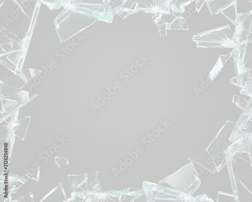 Close-up view of shattered tempered glass with sharp angular fragments forming a circular frame on black background on transparent background