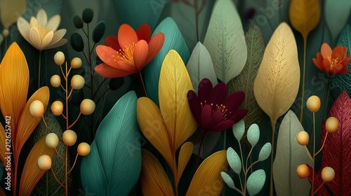 Vibrant garden of abstract flowers and leaves in a serene autumn setting evokes a sense of nature's beauty