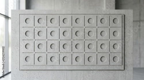 A concrete wall with a grid of circular indentations and a rectangular pattern, set against a concrete background with a window in the foreground.